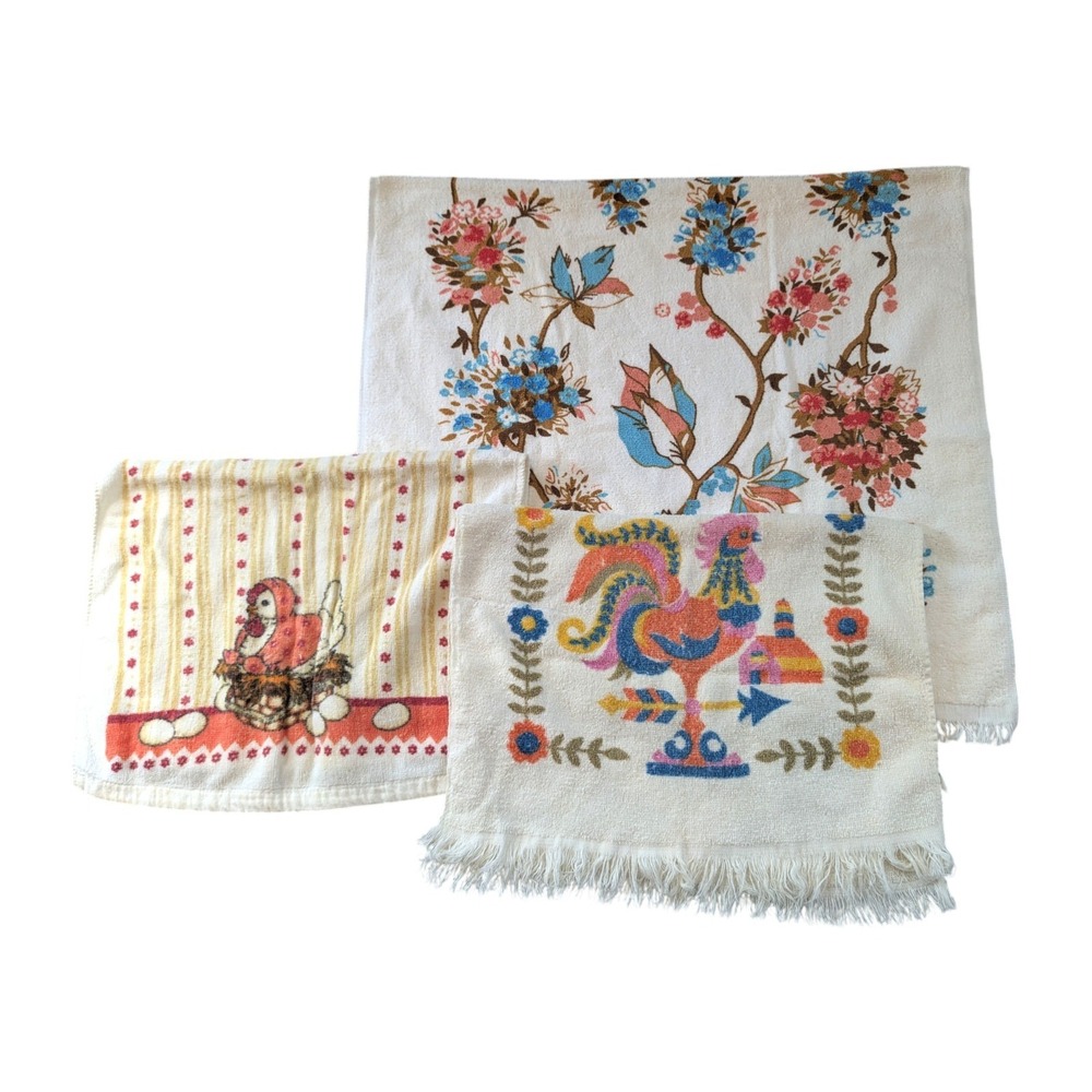 Set of 3 Vintage 70s Cotton Terry Kitchen Hand Towel Folk Country Farmhouse